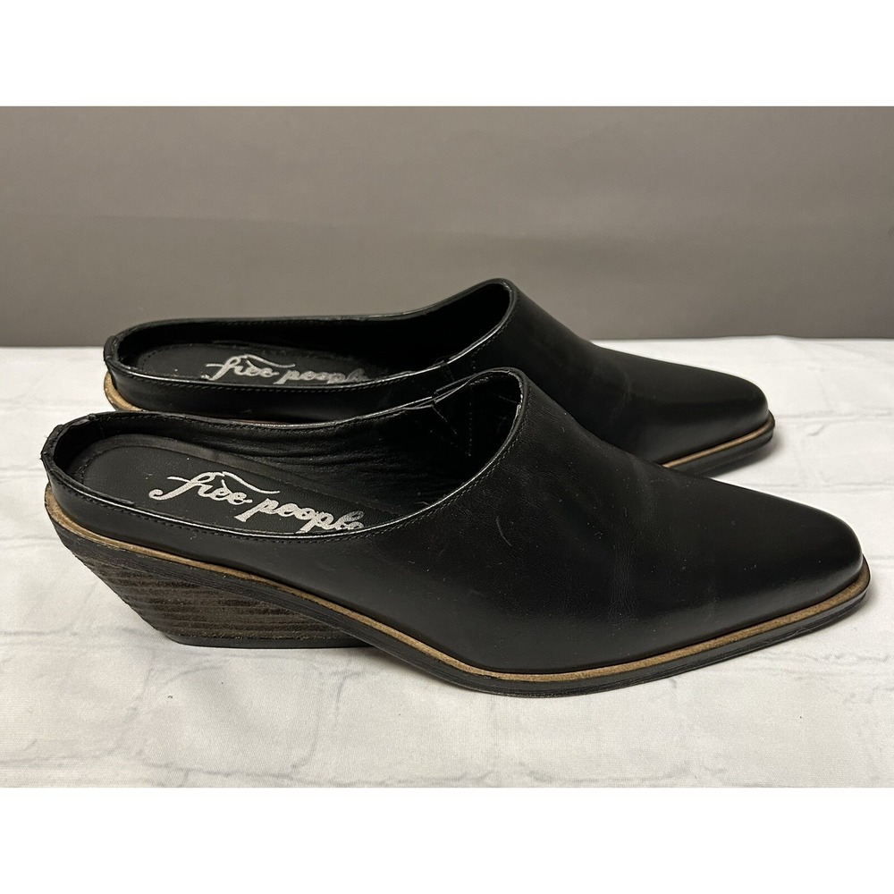 Free People Tallulah Mule Womens US 8.5 EU 38.5 Black Leather Western Wedge - Picture 2 of 10